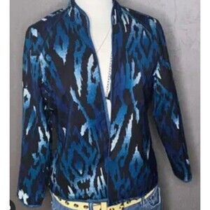 Women Blue & Black Abstract Print Jacket  Open Front, 3/4 Sleeve, Lightweight XL